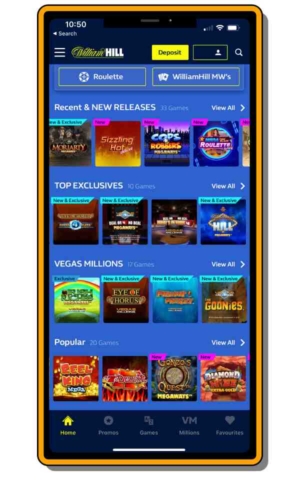 Vegas app homepage screenshot