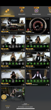 Live casino app home screen lobby