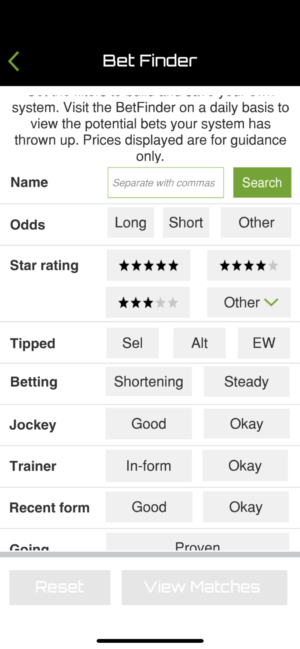 Make your selections on the bet finder