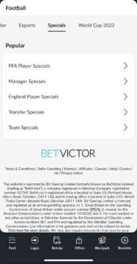 Transfer menu on the Bet Victor App