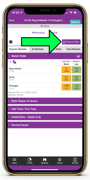 football stats icon on the Betdaq app