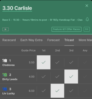 Horse racing tricast example