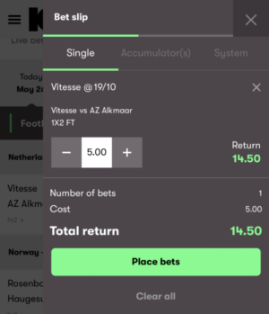 Placing your first single with 10bet - the bet slip