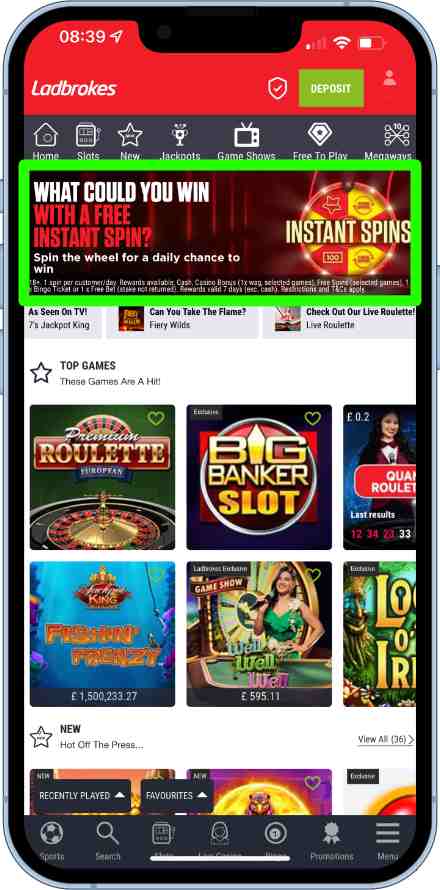 Instant Spins banner on gaming homepage