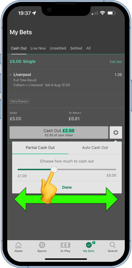 bet365 cash out slider