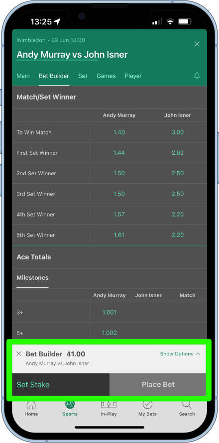 adding tennis bet builder to bet slip