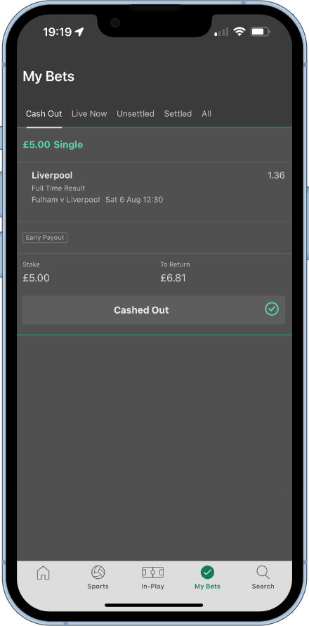 How a bet looks once cashed out on the bet365 app