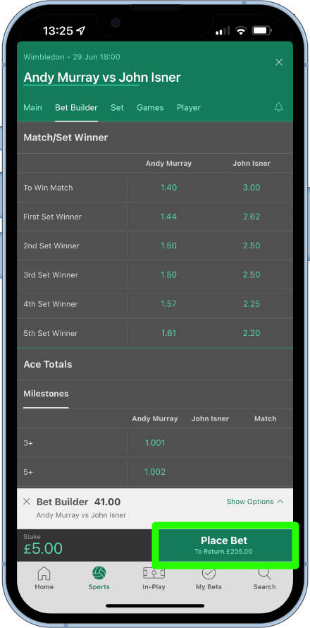 placing a bet builder on tennis with bet365