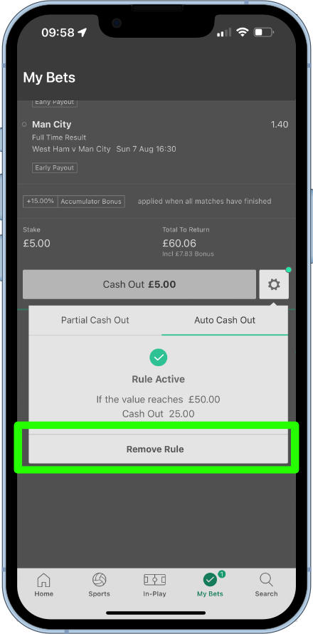removing an auto cash out rule on the bet365 app