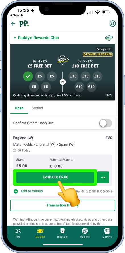 cashing out on the Paddy Power app