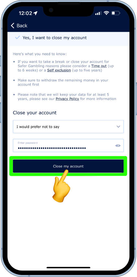 completing William Hill account closure request