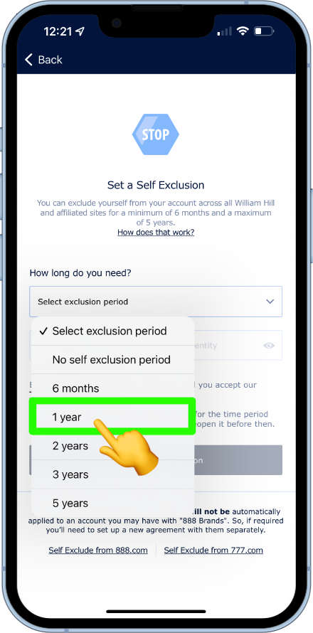 setting a one year self exclusion on the William Hill app