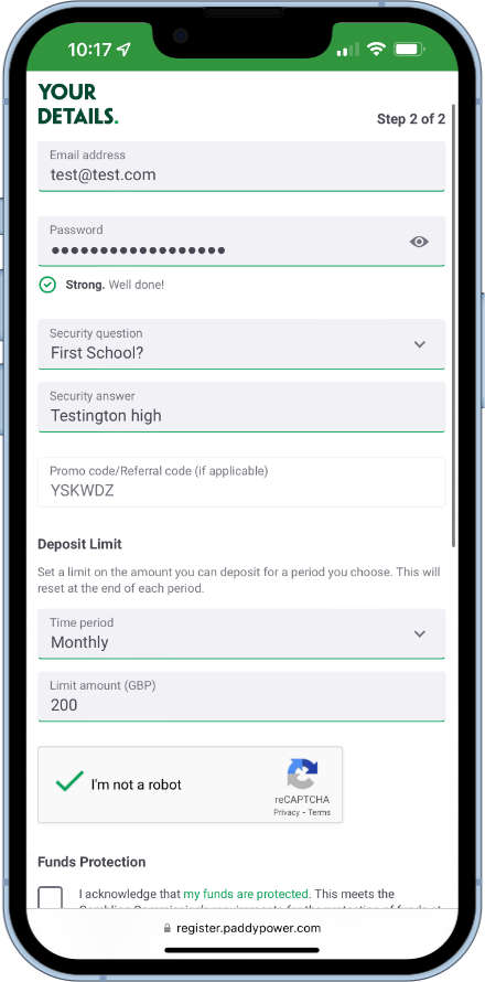 setting username and Password with Paddy Power