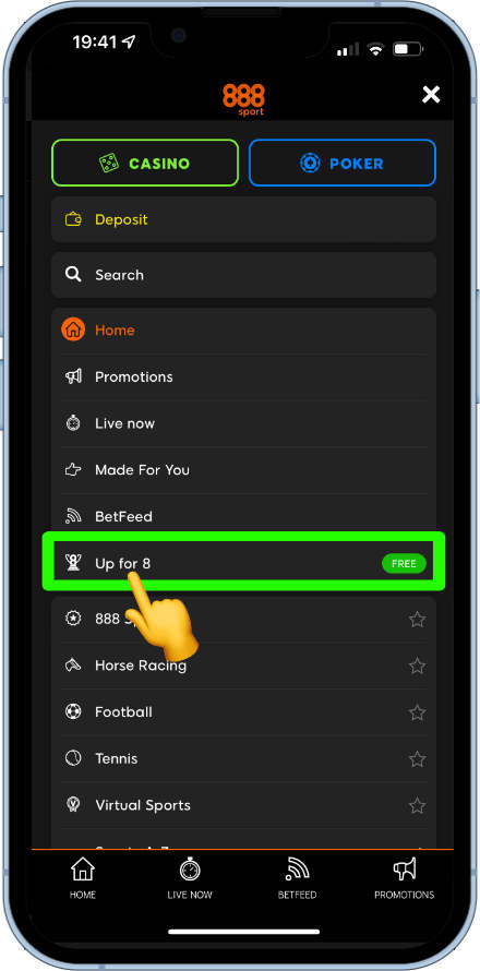 finding the up for 8 game on the 888Sport app
