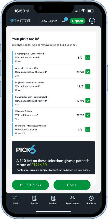 Betvictor pick 6 entry confirmation