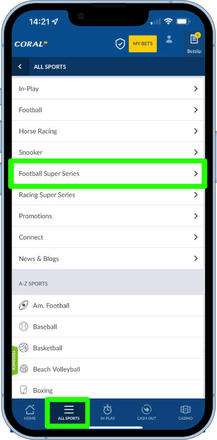 access from all sports menu