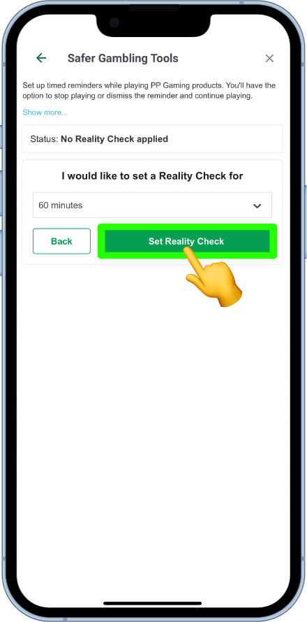 how to set up a reality check on the Paddy power app