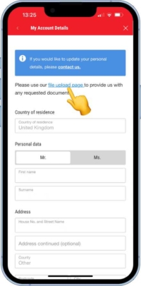 A screen shot showing the Ladbrokes file upload page where you can add your documents to verify your account