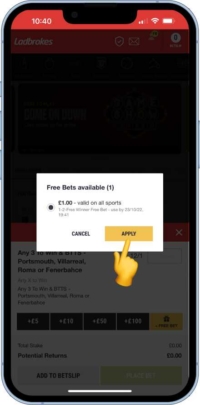 A screen shot showing showing how to apply the free bet to your selections