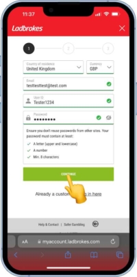 A screen shot showing where you enter your account details when registering on the app