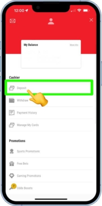 A screen shot showing where to find depositing option on the Ladbrokes app