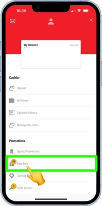 A screen shot showing accessing free bets hub from the my account section