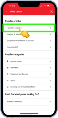 A screen shot showing where the forgot password option is on the app