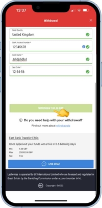 A screen shot showing How to make a withdrawal on the Ladbrokes app