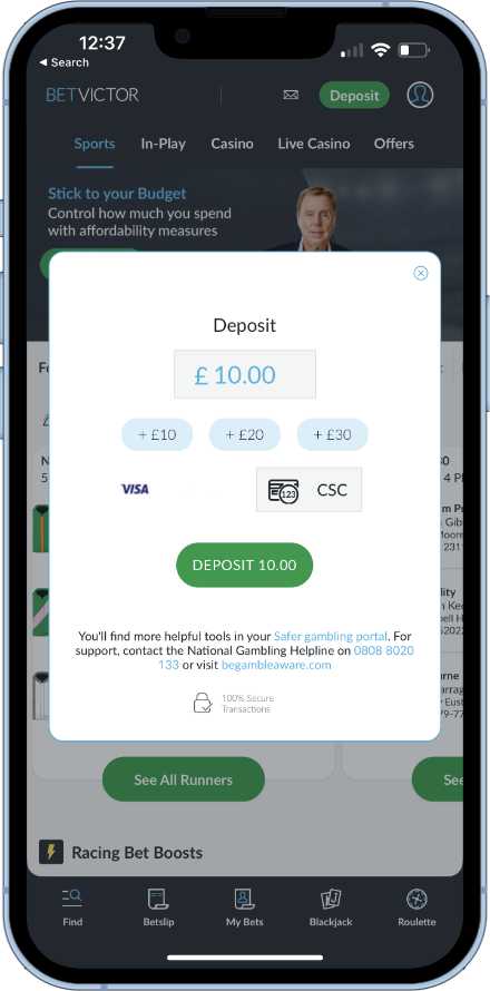 Saved payment details on the BetVictor app