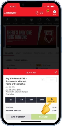 A screen shot showing where the free bet option is in the bet slip