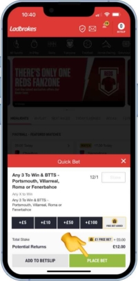 A screen shot showing the free bet confirmation