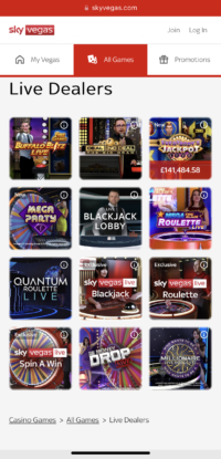 Sky Vegas live casino home page