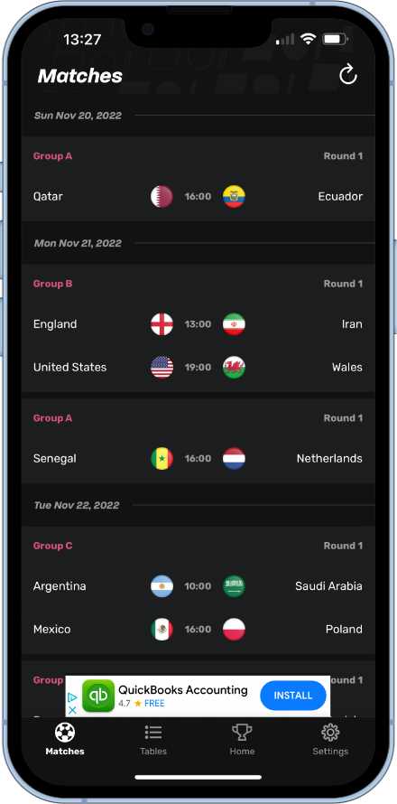 World Cup app 2022 homepage