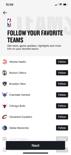 NBA app - select your teams