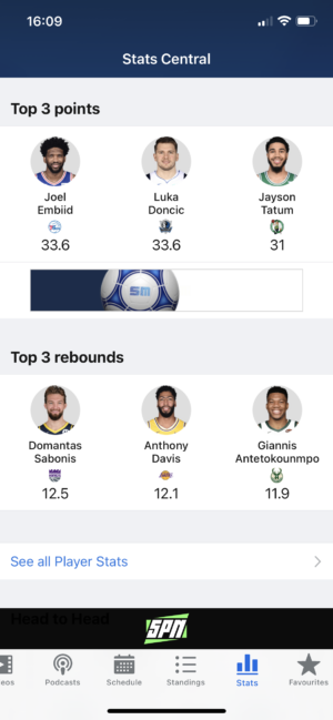NBA player stats on the app