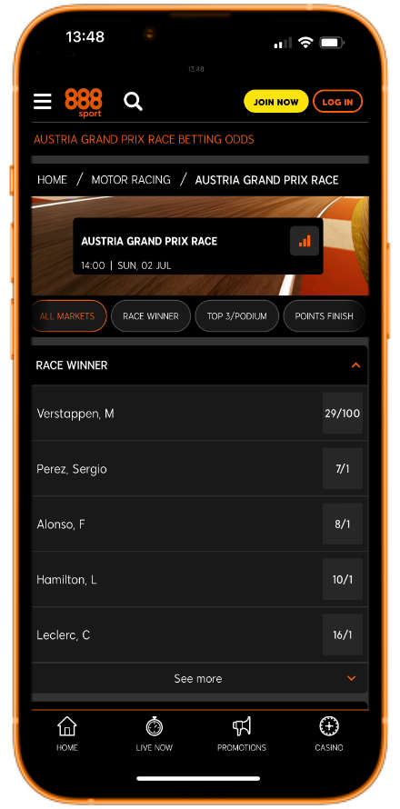 888Sport app F1 hub