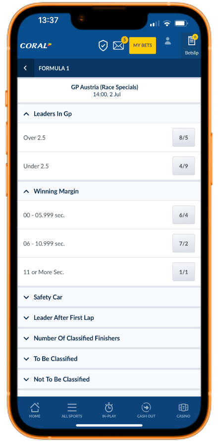 F1 markets on the Coral app