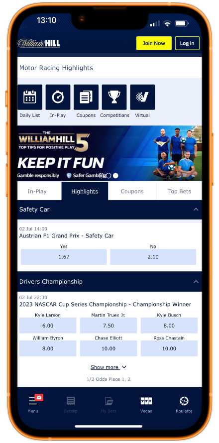 F1 betting on the William Hill app