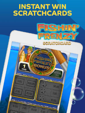 Gala instant wins graphic showinf a games example of Fishing Frenzy scratch card game