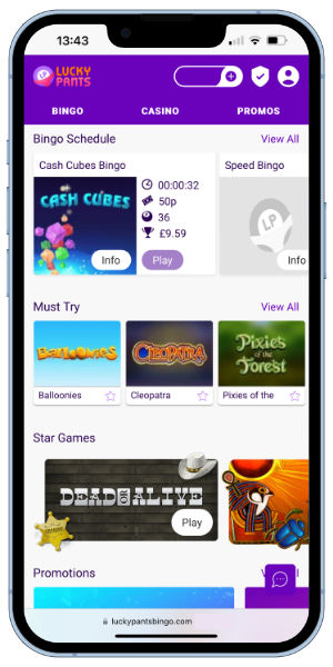 screenshot of the Lucky Pants Bingo app