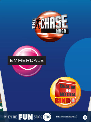 TV themed bingo rooms grpahic showing The Chase Bingo, Emmerdale bingo and Deal or No Deal bingo