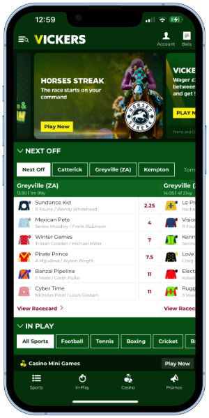 Vickers Bet mobile homepage taken on an iPhone