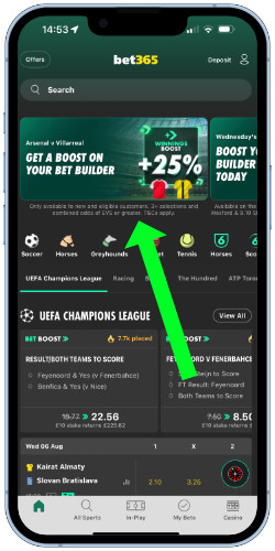 A screen shot of the bet365 app showing the football hub with the bet builder boost banner identified with a green arrow