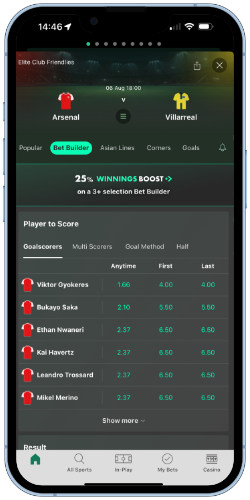 A screen shot of the bet365 app showing the Bet builder markets onve in a match view