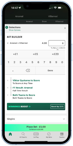 A screen shot showing a bet365 bet slip with the bet builder selections