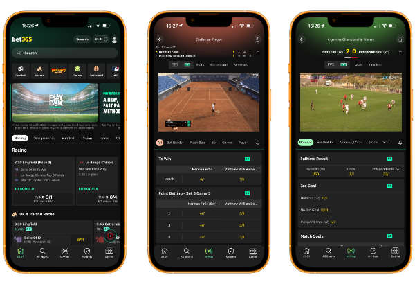 bet365 app screenshots showing the home page, live tennis match betting and live football match betting. 